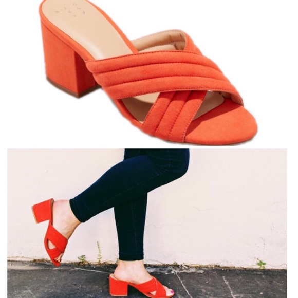 Shoes - Orange velvet cross band Heels slide Brand NEW 7.5